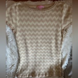Lilly Pulitzer Syndey Short Sleeve Sweater Size Large Ivory & Gold Chevron